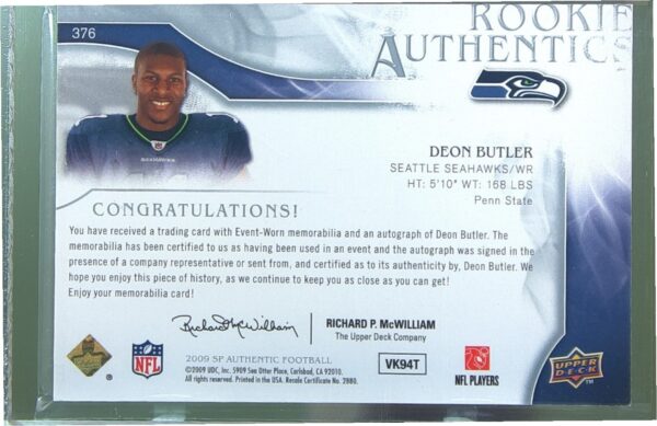 2009 SP Authentic Deon Butler JSY Auto RC /999 #376 Seahawks - Image 3
