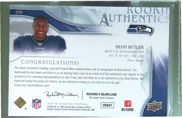 2009 SP Authentic Deon Butler JSY Auto RC /999 #376 Seahawks - Image 3