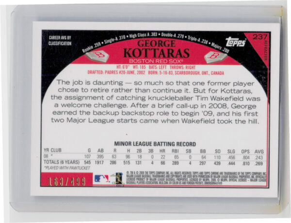 2009 Topps Chrome George Kottaras Refractors AU SN499 #237 Sox - Image 3