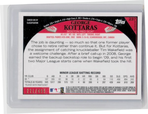 2009 Topps Chrome George Kottaras Refractors AU SN499 #237 Sox - Image 3