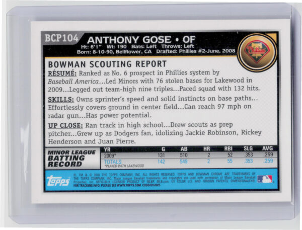 2010 Bowman Anthony Gose AU #BCP104 Phillies Chrome Prospects Autographs - Image 3