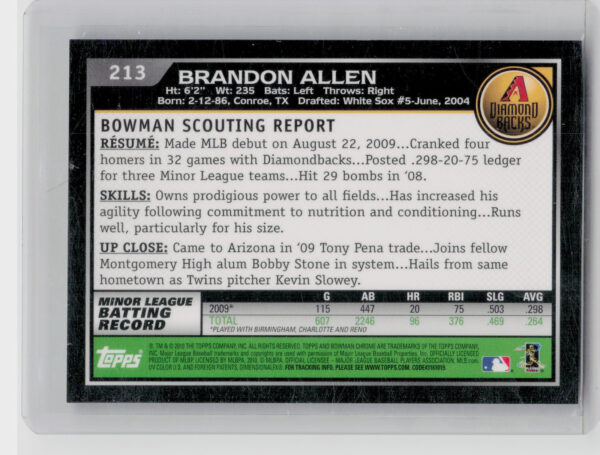 2010 Bowman Chrome Brandon Allen AU #213 Diamondbacks - Image 3