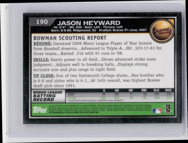 2010 Bowman Chrome Jason Heyward RC #190 Braves - Image 3