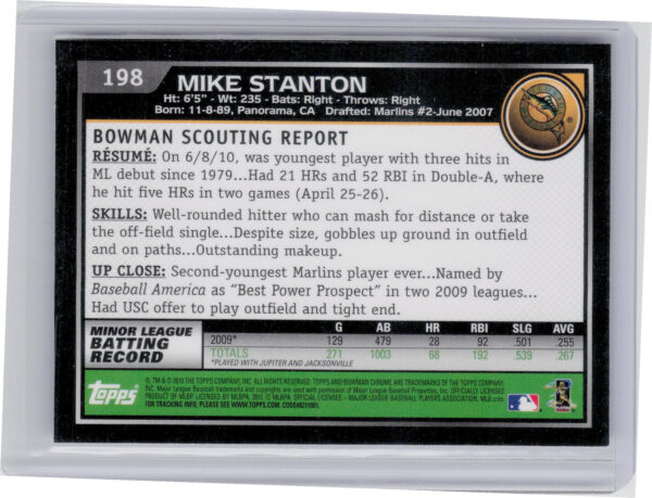 2010 Bowman Chrome Mike Stanton #198 Marlins - Image 3