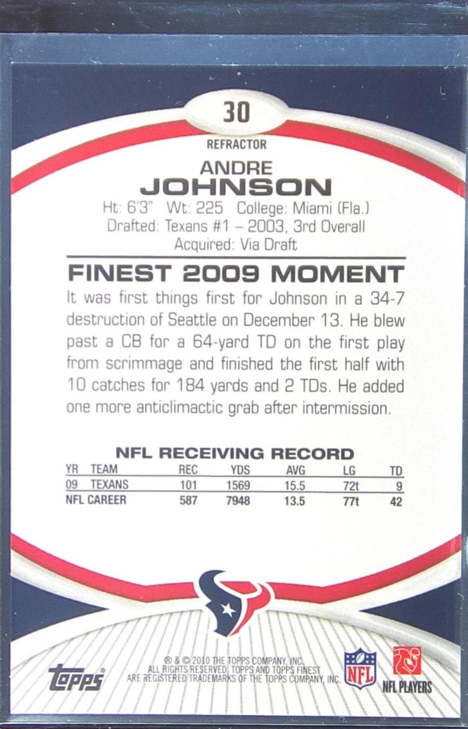 2010 Finest Andre Johnson Xfractors /399 #30 Texans - Image 3