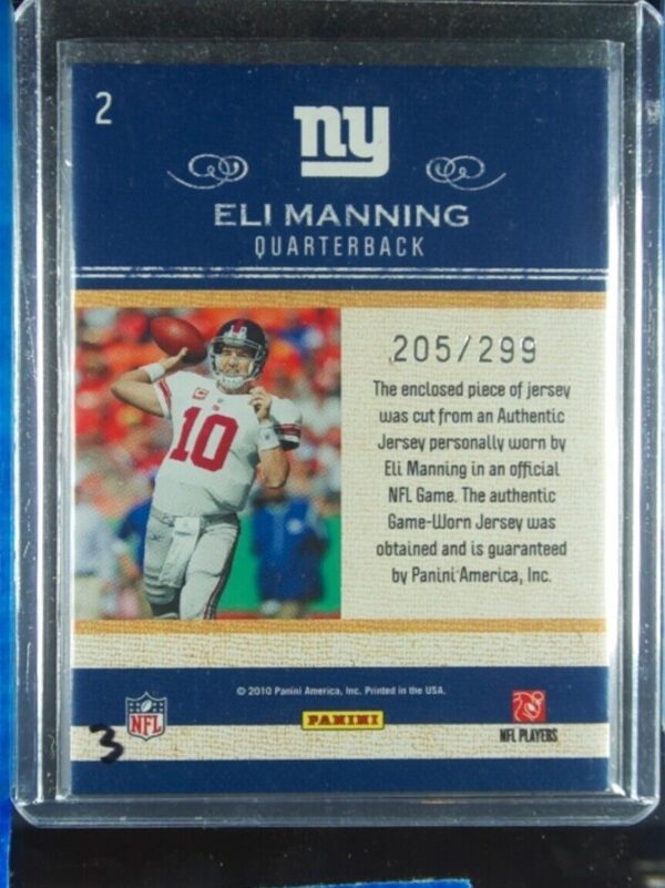 2010 Panini Classics Eli Manning SN299 MEM #2 Giants Dress Code Jerseys - Image 3