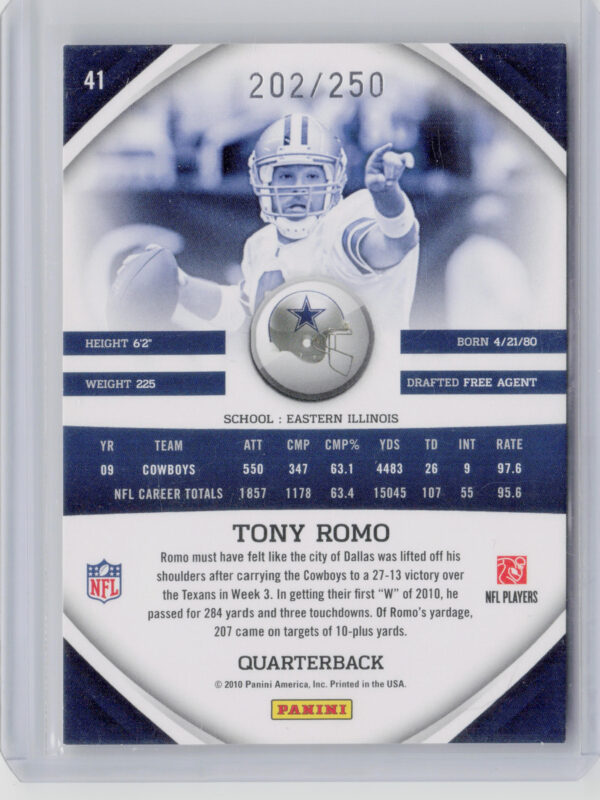 2010 Panini Gridiron Gear Tony Romo Silver O's SN250 #41 Cowboys - Image 3