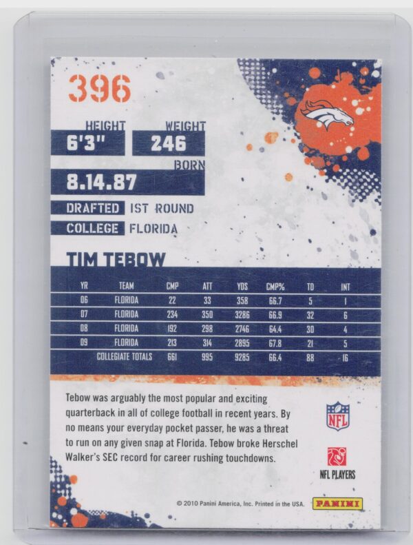 2010 Score Tim Tebow RC #396 Broncos - Image 3