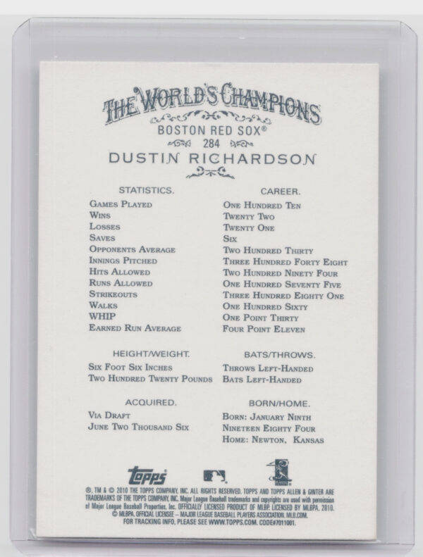 2010 Topps Allen & Ginter Dustin Richardson RC #284 Sox - Image 3
