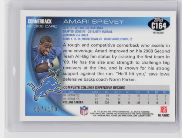2010 Topps Chrome Amari Spievey Blue Refractors SN199 #C164 Lions - Image 3