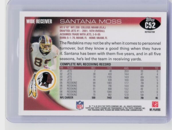 2010 Topps Chrome Santana Moss Refractors #C52 Redskins - Image 3