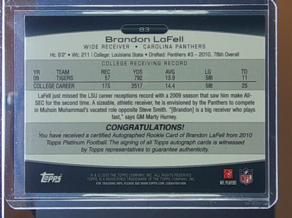 2010 Topps Platinum Brandon LaFell AU SN599 #83 Panthers Rookie Autographs Blue - Image 3