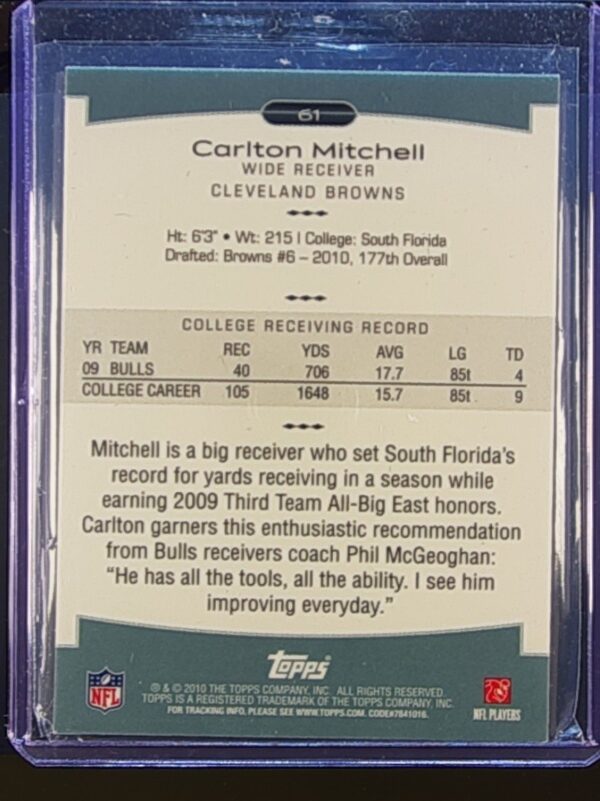 2010 Topps Platinum Carlton Mitchell Rookie Platinum Refractors #61 Browns - Image 3
