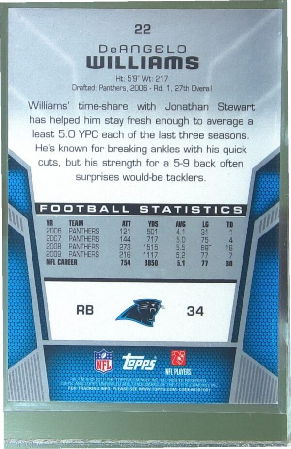 2010 Topps Unrivaled DeAngelo Williams Gold (SN759) /759 #22 Panthers - Image 3