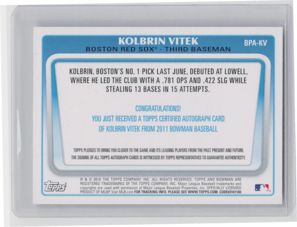 2011 Bowman Kolbrin Vitek AU #BPA-KV Sox Prospect Autographs - Image 3