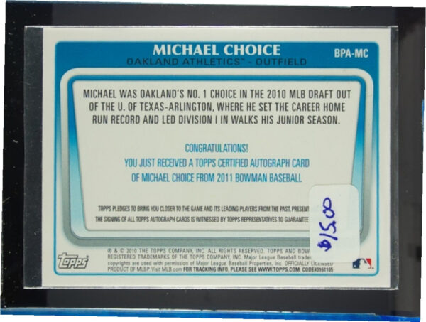 2011 Bowman Michael Choice AU #BPA-MC Athletics Prospect Autographs - Image 3