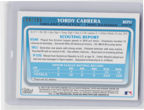2011 Bowman Yordy Cabrera SN799 #BCP97 Athletics Chrome Prospects Refractors - Image 3