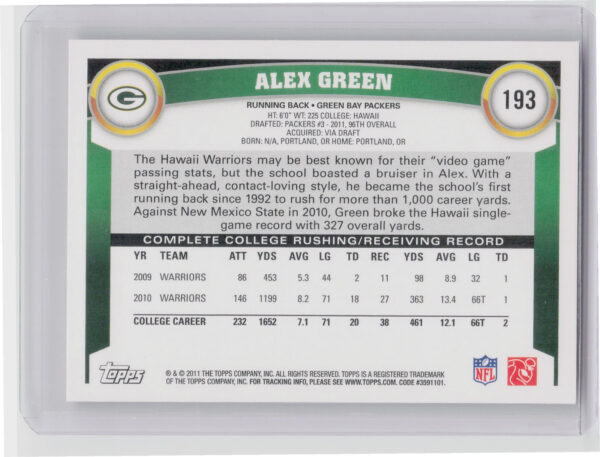 2011 Topps Alex Green RC #193 Packers - Image 3