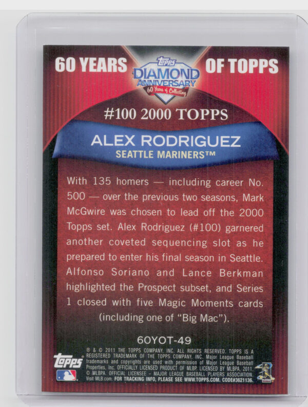 2011 Topps Alex Rodriguez #60YOT-49 Mariners 60 Years of Topps - Image 3