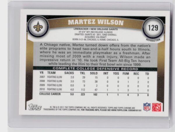 2011 Topps Chrome Martez Wilson Orange Refractors #129 Saints - Image 3