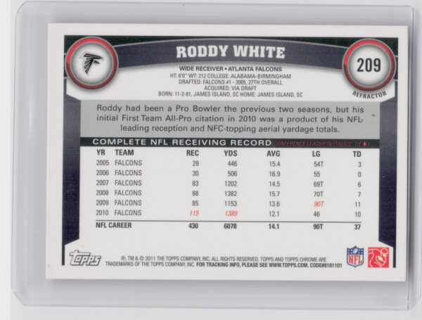 2011 Topps Chrome Roddy White Refractors #209 Falcons - Image 3