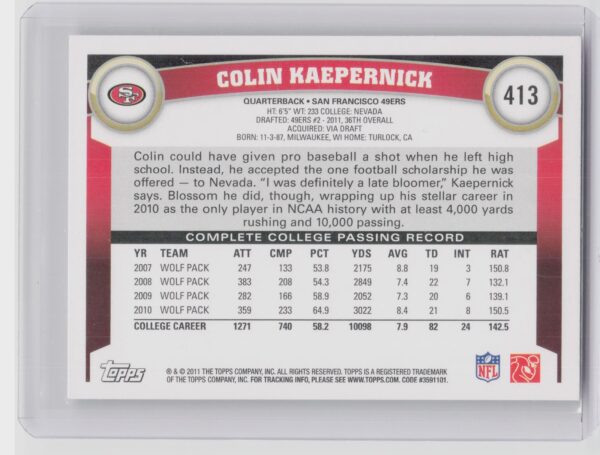 2011 Topps Colin Kaepernick Rookie RC #413 49ers - Image 3