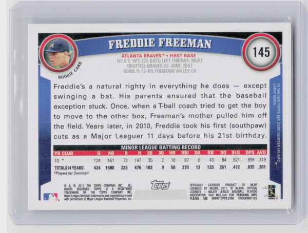 2011 Topps Freddie Freeman RC #145 Braves - Image 3
