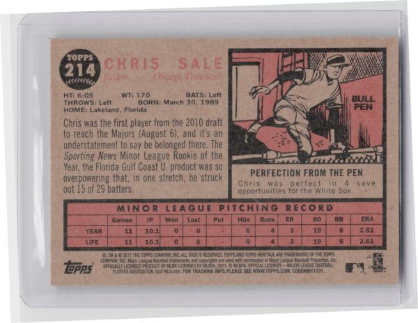 2011 Topps Heritage Chris Sale RC #214 Sox - Image 3