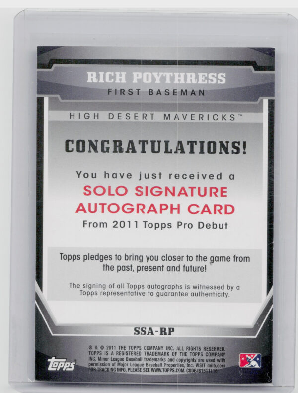 2011 Topps Pro Debut Rich Poythress AU #SSA-RP Mavericks Solo Signatures - Image 3