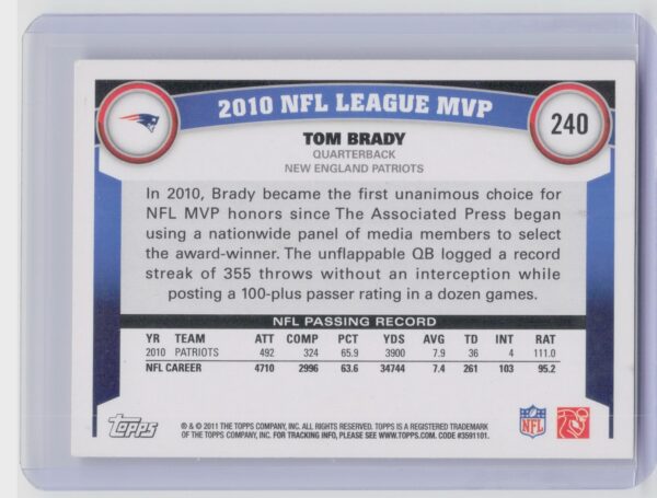 2011 Topps Tom Brady #240 Patriots - Image 3