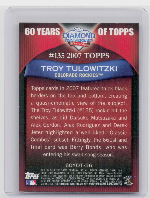 2011 Topps Troy Tulowitzki #60YOT-56 Rockies 60 Years of Topps - Image 3