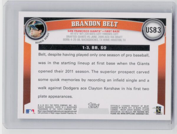 2011 Topps Update Brandon Belt Cognac Diamond Anniversary #US83 Giants - Image 3