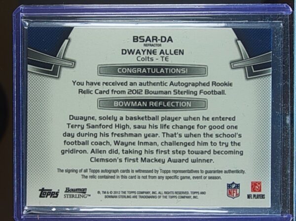 2012 Bowman Sterling Dwayne Allen AUTO /99 JSY #BSAR-DA Colts Blue Refractor - Image 3