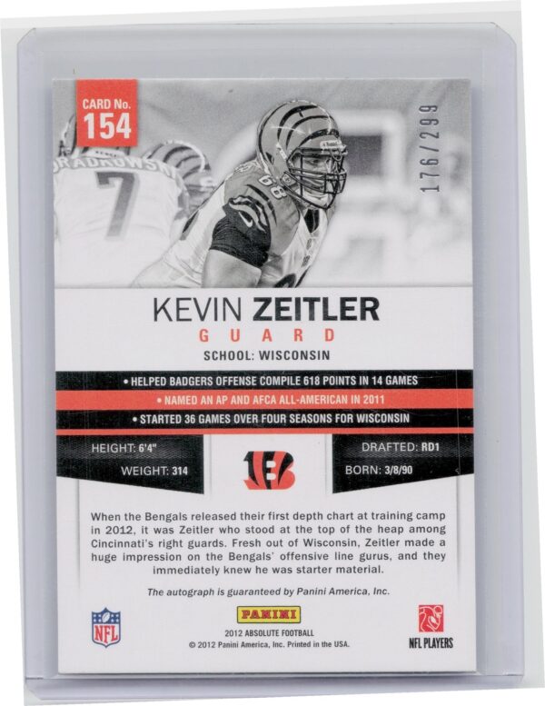 2012 Panini Absolute Kevin Zeitler AU SN299 #154 Bengals Spectrum Gold Autograph - Image 3