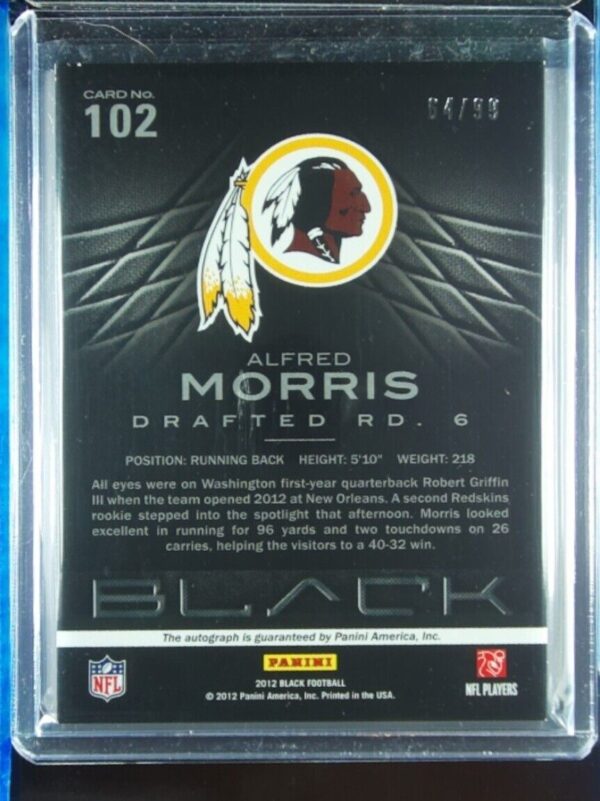 2012 Panini Black Alfred Morris AU SN99 #102 Redskins Rookie Signatures Gold - Image 3