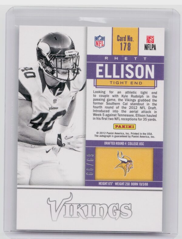 2012 Panini Contenders Rhett Ellison Playoff Ticket AU SN99 #178 Vikings - Image 3