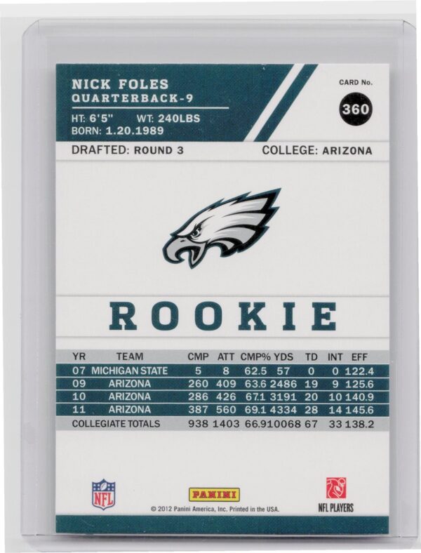 2012 Score Nick Foles RC #360 Eagles - Image 3