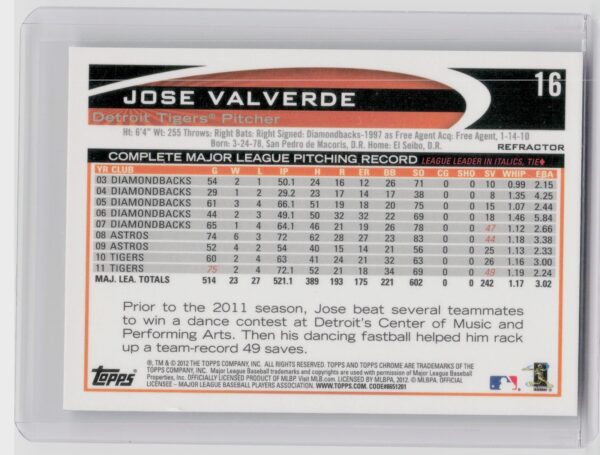 2012 Topps Chrome Jose Valverde Refractors #16 Tigers - Image 3