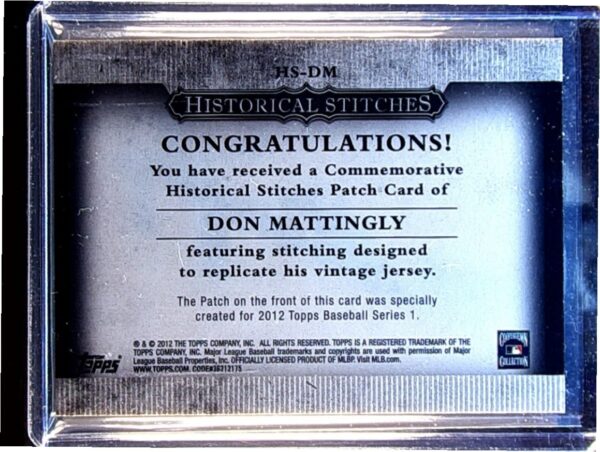 2012 Topps Don Mattingly #HS-DM Yankees Historical Stitches - Image 3