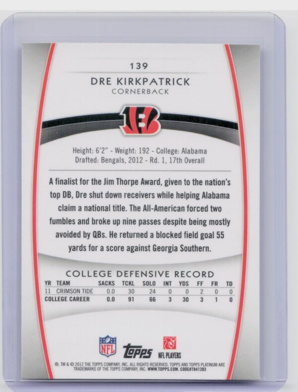 2012 Topps Platinum Dre Kirkpatrick RC #139 Bengals - Image 3