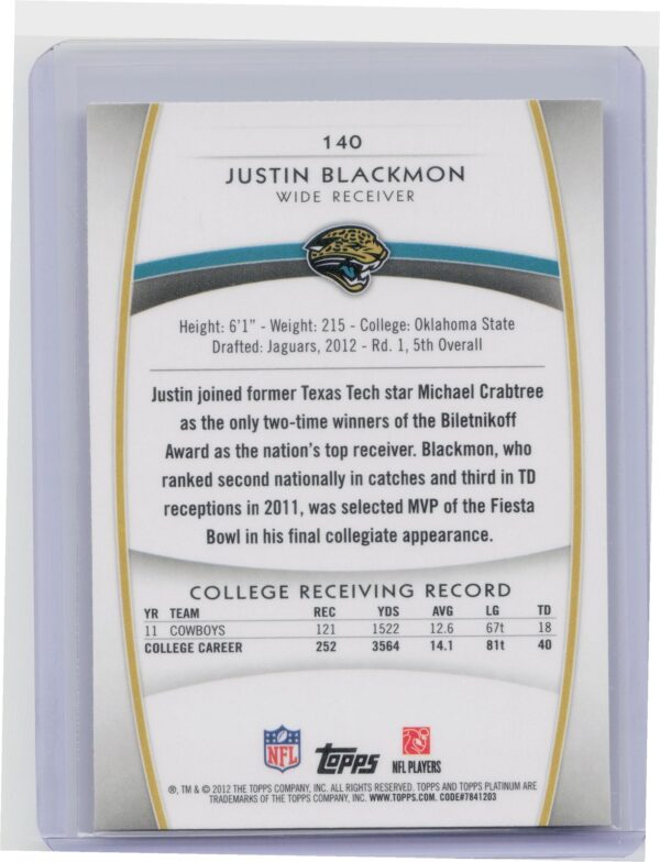 2012 Topps Platinum Justin Blackmon Xfractors #140 Jaguars - Image 3