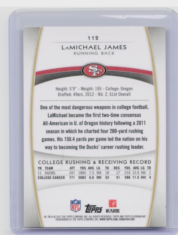 2012 Topps Platinum LaMichael James Orange Refractors #112 49ers - Image 3