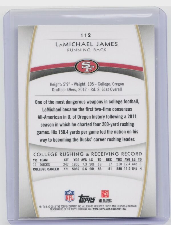 2012 Topps Platinum LaMichael James Xfractors #112 49ers - Image 3