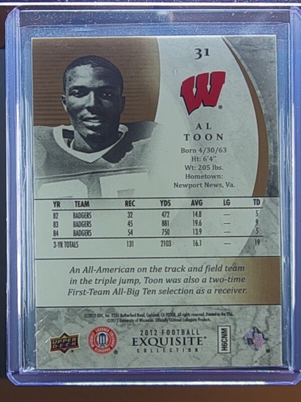 2012 Upper Deck Exquisite Collection Al Toon SN85 #31 Badgers - Image 3