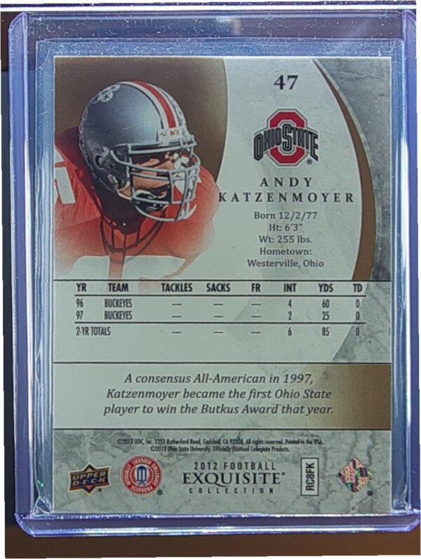 2012 Upper Deck Exquisite Collection Andy Katzenmoyer SN85 #47 Buckeyes - Image 3