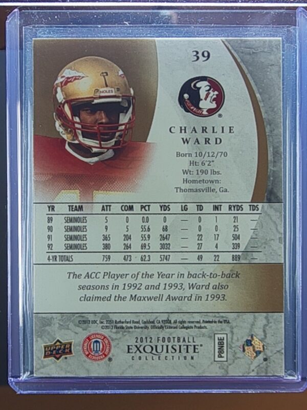 2012 Upper Deck Exquisite Collection Charlie Ward SN85 #39 Seminoles - Image 3