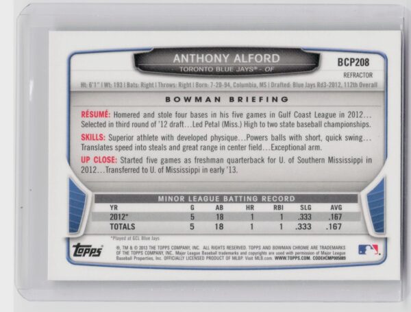 2013 Bowman Chrome Anthony Alford #BCP208 Jays Prospects Refractors - Image 3