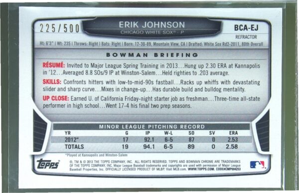 2013 Bowman Chrome Erik Johnson Auto /500 #BCA-EJ Sox Prospects Refractor Auto - Image 3