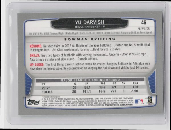 2013 Bowman Chrome Yu Darvish Green Refractors #46 Rangers - Image 3