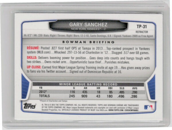 2013 Bowman Draft Picks & Prospects Gary Sanchez #TP-31 Yankees Chrome Top Prosp - Image 3